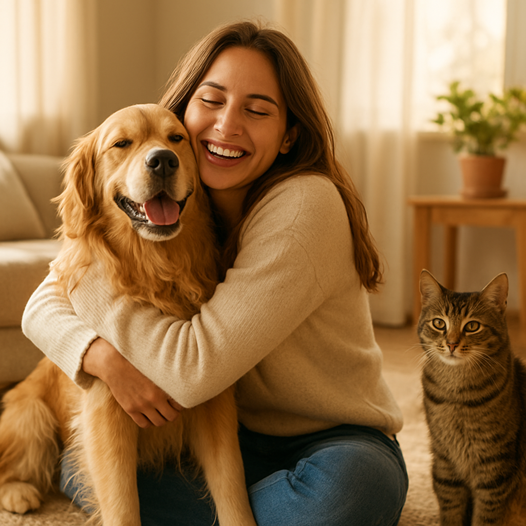 Mujer feliz abrazando a su perro y gato en casa